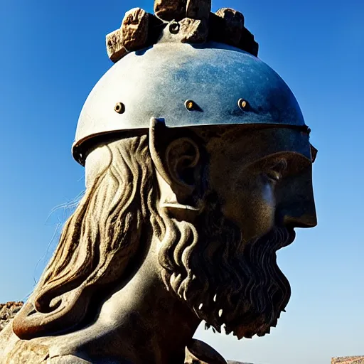 Prompt: tiny greek ancient woman in steel helmet standing on a giant greek ancient bearded man head, late afternoon light, greek temple of olympus glory island, wispy clouds in a blue sky, by frank lloyd wright and greg rutkowski and ruan jia