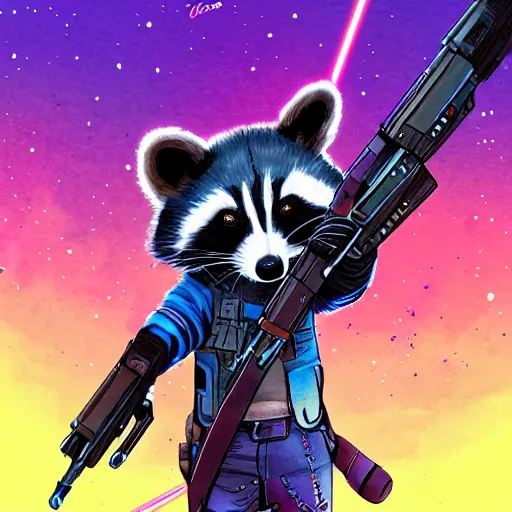 Image similar to racoon holding a laser gun, digital art, guardians of the galaxy style, centered award winning watercolor pen illustration, by caroline choi, edited by range murata