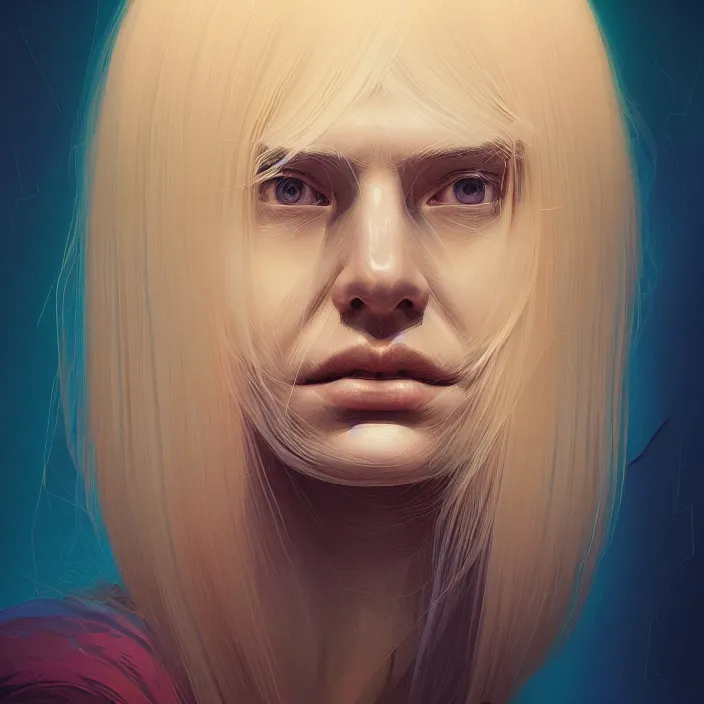 Image similar to portrait of a shy blond woman. intricate abstract. intricate artwork. by Tooth Wu, wlop, beeple, dan mumford. octane render, trending on artstation, greg rutkowski very coherent symmetrical artwork. cinematic, hyper realism, high detail, octane render, 8k, chrome accents