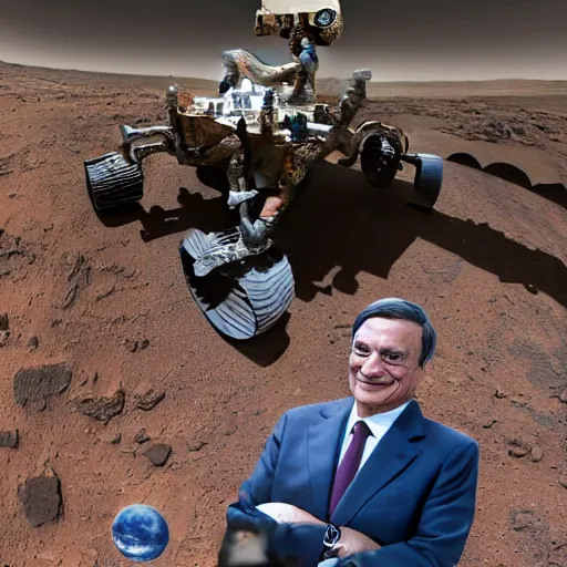 Image similar to Mario Draghi visiting mars with Dr. Manhattan,the curiosity rover is visible in the background