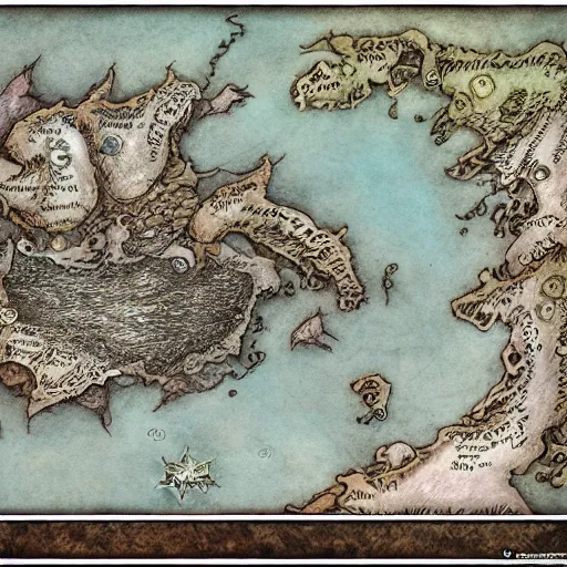 Image similar to simple fantasy map, the land of Odrua, several continents arranged in an arc, world of Lute, by JRR Tolkien and Brian Froud, Vatican Map Room, fantasy concept painting, Magic The Gathering Art, trending on art station, oceans, continents, unmarked