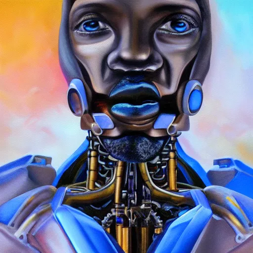 Image similar to a realistic oil painting of a black man as a cybernetic cyborg, surrealism portrait, surrealism album cover