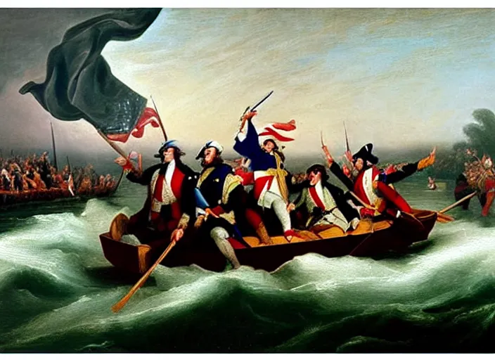 Image similar to oil painting of Washington Crossing the Delaware but Washington is taking a selfie