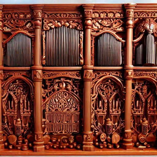 Image similar to pipe organ intricately carved from ancient wood, detailed reference photo, artstation