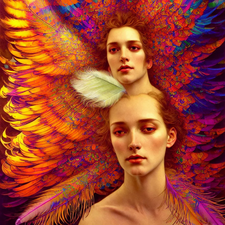 Image similar to face of innocent psychedelic transcendent feather mind bending psychedelic wings of glossy liquid honey flowing like kaleidoscopic translucent holograph, lsd feathers, feathery fluff, enlightenment, high contrast dappled lighting, refracted sunset, highly detailed, concept art, art by collier, albert aublet, krenz cushart, artem demura, alphonse mucha