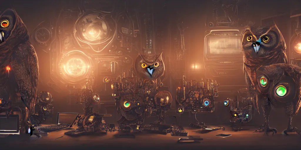 Image similar to an giant evil, malevolent, cyborg owls looking at a computer, surrounded by computer screens. steampunk. this 4 k hd image is trending on artstation, featured on behance, well - rendered, extra crisp, features intricate detail and the style of unreal engine. volumetric lighting octane render