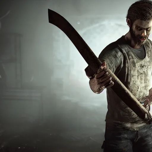 Image similar to jack baker from resident evil 7 ( 2 0 1 7 ) wielding axe, cinematic lighting, eerie atmosphere, re engine render, photorealistic face