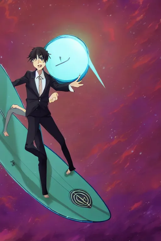 Prompt: anime guy in formal suit surfing through a wormhole using a high technology surfboard, wlop, trending on artstation, deviantart, anime key visual, official media, professional art, 8 k uhd