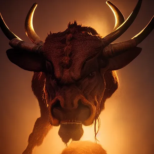 Image similar to Menacing minotaur portrait, atmospheric lighting, painted, intricate, volumetric lighting, beautiful, rich deep colors masterpiece, golden hour, sharp focus, ultra detailed, by Leesha Hannigan, Ross Tran, Thierry Doizon, Kai Carpenter, Ignacio Fernández Ríos