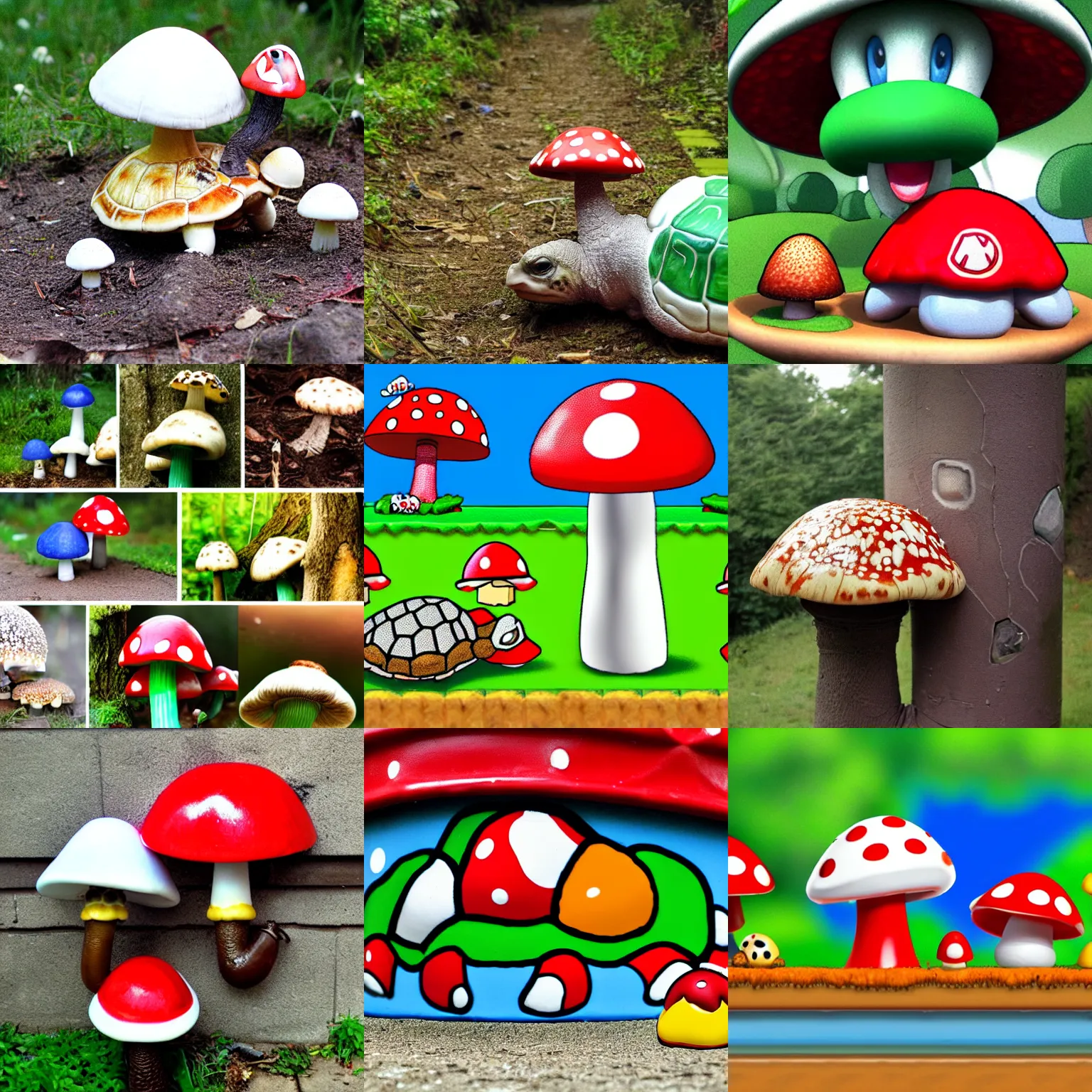 Prompt: drunk mario eat big pcyho mushroom and fly agaric, cartoon turtles, drainpipes