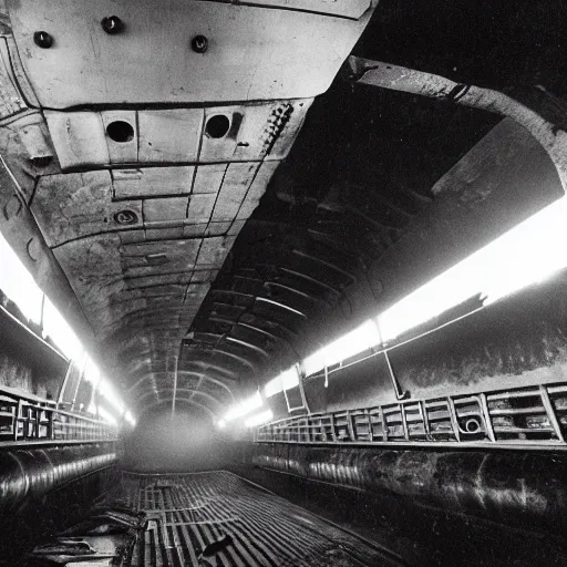 Prompt: year 1930, inside an empty ussr submarine, foggy and dark with littles light beams coming from many holes, in metal walls, photorealism 8k, cinematic, high details, neat