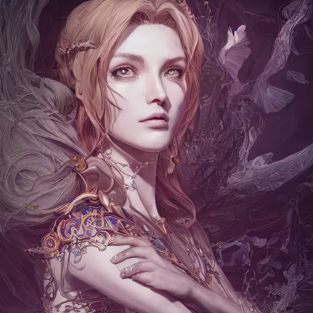 Image similar to the portrait of the lawful evil sorceress personified as an absurdly beautiful, graceful, elegant, sophisticated, young woman, an ultrafine hyperdetailed illustration by kim jung gi, irakli nadar, intricate linework, bright colors, octopath traveler, final fantasy, unreal engine 5 highly rendered, global illumination, radiant light, detailed and intricate environment