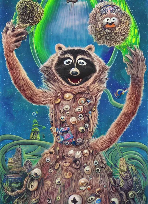 Prompt: portrait of humanoid raccoon surfer made of mycelium and iridescent scales, amanita muppet punk, basil wolverton, r crumb, hr giger, dali