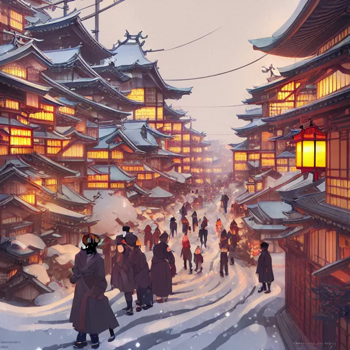 Image similar to japanese big city, winter, in the style of studio ghibli, j. c. leyendecker, greg rutkowski, artem