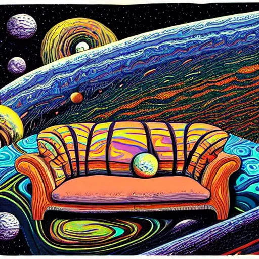 Prompt: psychedelic trippy couch in space, planets, milky way, sofa, cartoon by rob gonsalves and gustav dore