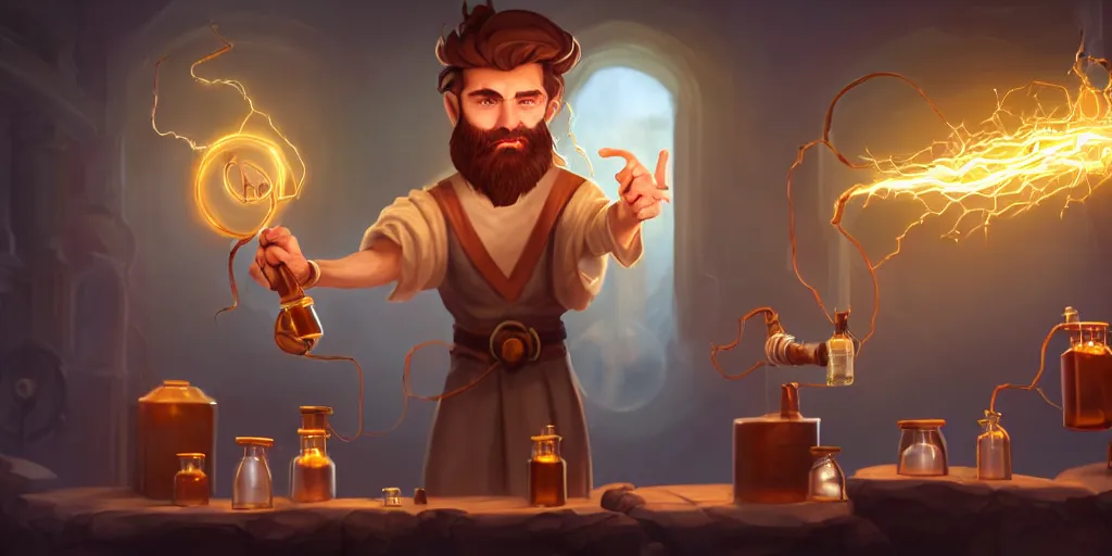 Prompt: a handsome bearded caucasian male sorcerer with brown hair he is casting a spell with flowing energy, he is in a alchemist lab filled with beakers and equipment, neutral pose, sharp focus, waist up, epic composition, 4 k, by rudy siswanto and anna podedworna