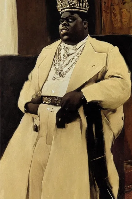 Image similar to portrait of biggie smalls with kings crown and royal outfit, modern, european, eclectic, illustration, by ramon casas