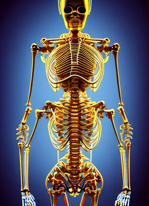 Prompt: full body illustration of a futuristic female golden mechanical skeleton with human face, wires, glowing internal light, hyperdetailed, by alex grey, intricate linework, faberge, intricate gold linework, dark atmosphere, unreal engine 5 highly rendered, global illumination, radiant light, detailed and intricate environment