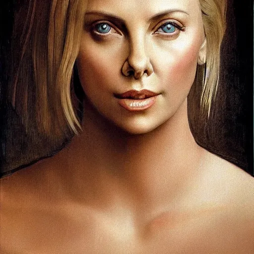 Prompt: a striking hyper real painting of charlize theron by da vinci.