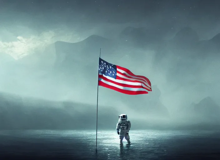 Image similar to astronaut holding a flag in an underwater desert. a submarine is visible in the distance. dark, concept art, cinematic, dramatic, atmospheric, 8 k, trending on artstation, blue, fish, low visibility, fog, ocean floor, christopher nolan, interstellar