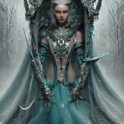 Image similar to an epic concept art of a handsome snow elf in a turquoise cape and glittering silver ornate armour stringing a bow, albino skin, winter vibes, evocative dramatic mood, intricate, elegant, by tomasz alen kopera, sharp focus, octane render, unreal 5, trending on artstation