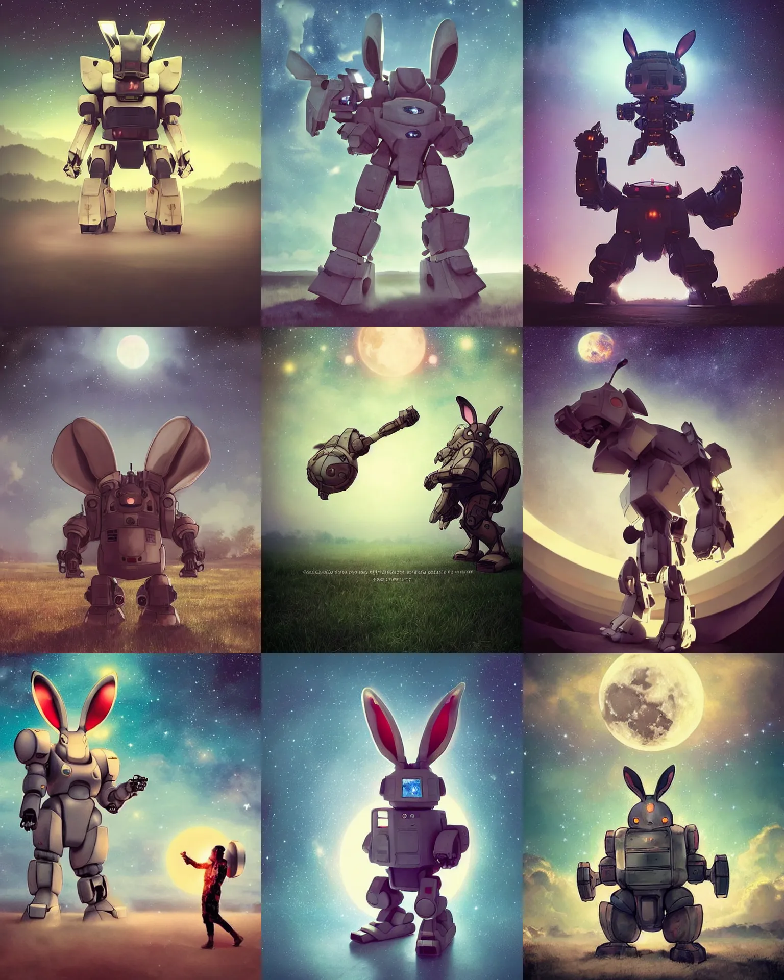 Prompt: dynamic pose !!!giant oversized battle rabbit robot chubby mech with big ears , on jungle night firefiles !!! , galaxy on sky, stars, full body , Cinematic focus, Polaroid photo, vintage , neutral dull colors, soft lights, foggy , moon backlight, by oleg oprisco , by victor enrich , by gregory crewdson , by discovery channel , by most wanted