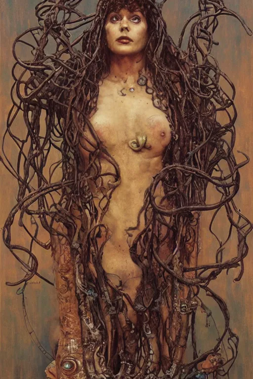 Prompt: full length portrait of insane medusa, dynamic, painted by lawrence alma tadema, zdzislaw beksinski, norman rockwell, jack kirby, tom lovell, alex malveda, greg staples, hand of fear, bbc, tv