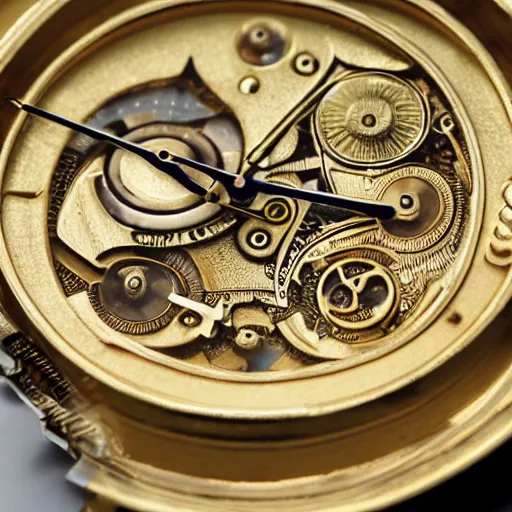 Image similar to a gold coin with a clock face printed on it, complex, high detail, close up