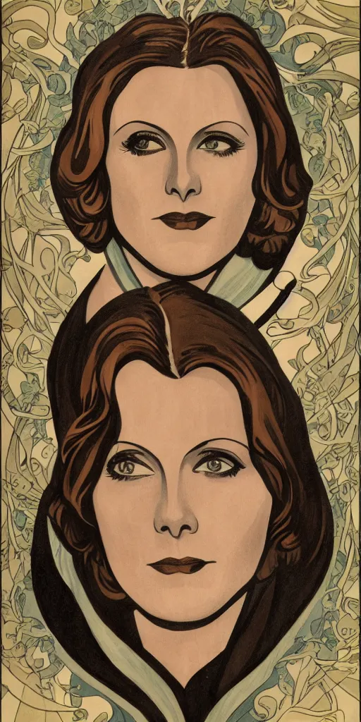 Image similar to Greta Garbo in the style of Mucha