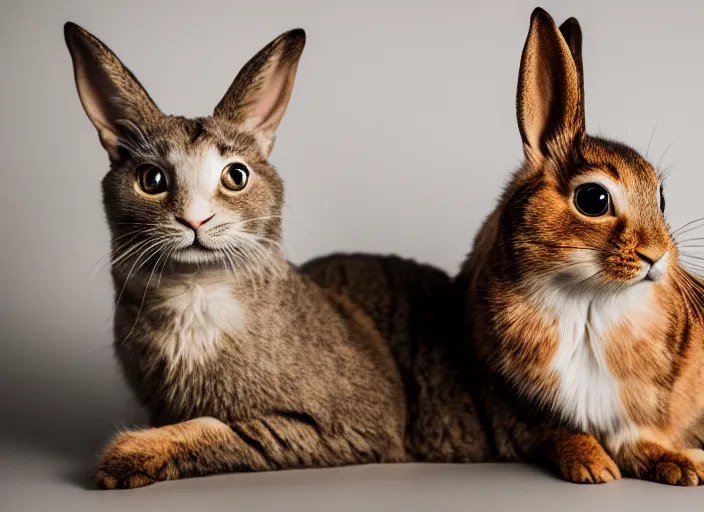 Prompt: photo still of rabbit and cat hybrid, 8 k, studio lighting bright ambient lighting key light, 8 5 mm f 1. 8