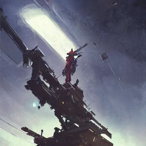 Image similar to a pirate holding a machine gun standing on top of a space ship, art by greg rutkowski