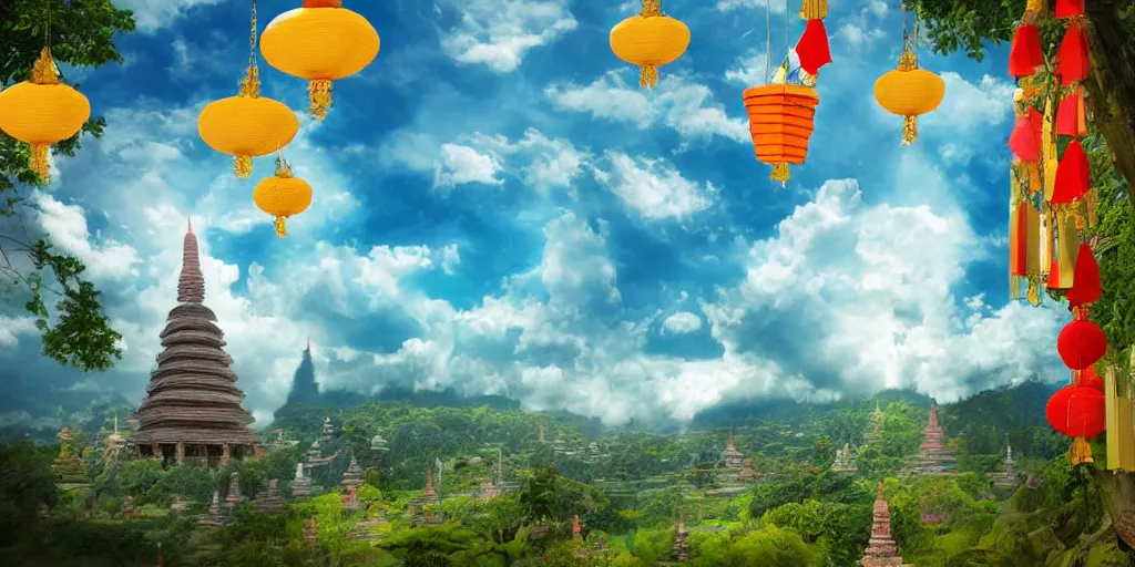 Image similar to wind god enjoying the view from his stone heavenly palace, decorated with windchimes and paper lanterns, nature, clouds and pagodas in background, digital art