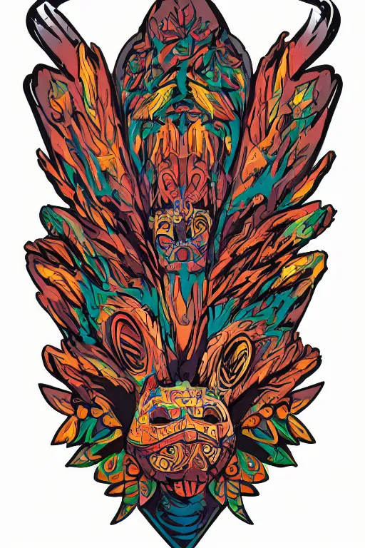 Image similar to animal mask totem roots flower tribal feather gemstone plant wood rock shaman vodoo video game vector cutout illustration vivid multicolor borderlands comics by josan gonzales and dan mumford radiating a glowing aura