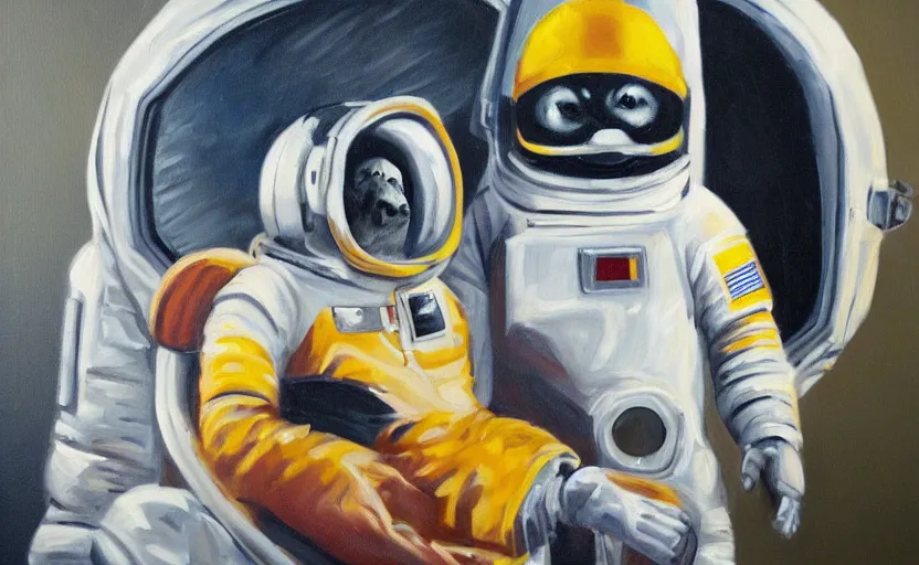 Image similar to oil painting of a racoon in a astronaut suit with helmet, 35mm, photo, Epic, cinematic