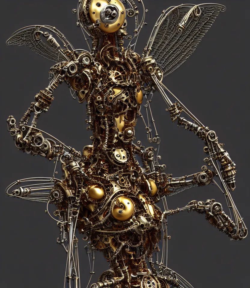 Prompt: steampunk cybernetic biomechanical robotic angel of death, symmetrical, front facing, 3 d model, very coherent symmetrical artwork, unreal engine realistic render, 8 k, micro detail, gold and steel intricate, elegant, highly detailed, digital painting, artstation, smooth, sharp focus, illustration, artgerm, tomasz alen kopera, wlop
