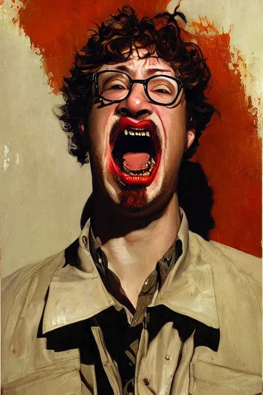 Prompt: ugly, bloated, red faced sam hyde, screaming, painting by jc leyendecker!! phil hale!, angular, brush strokes, painterly, vintage, crisp