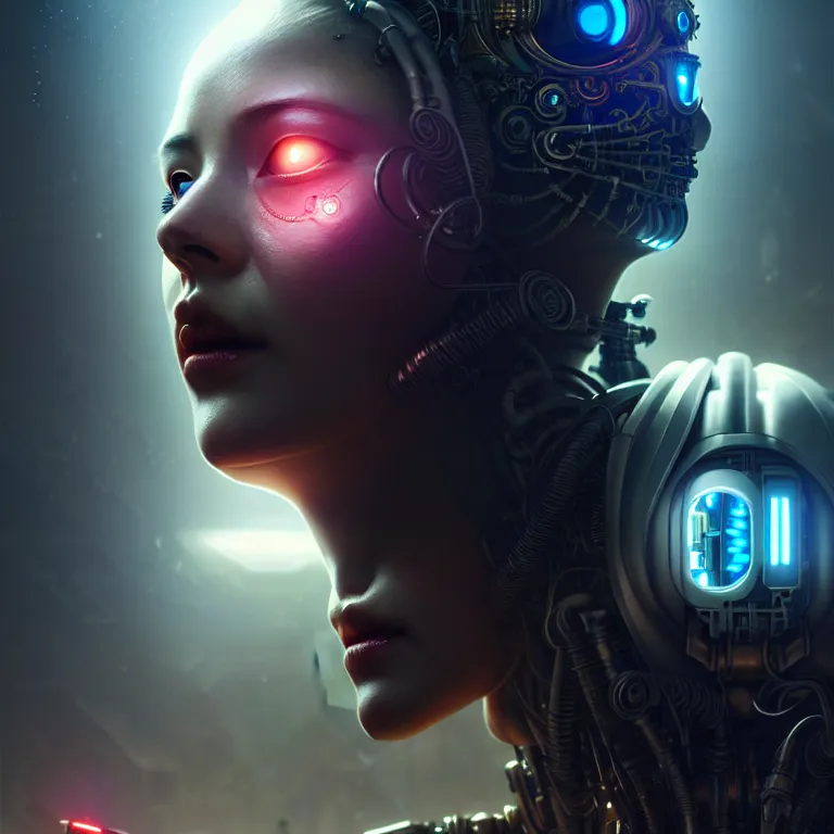 Image similar to ultra realistic beautiful cyborg deity eyes closed, scifi, cyberpunk, fantasy, intricate details, movie still, highly detailed, photorealistic, octane render, eerie, 8k, art by artgerm and michael welan and greg rutkowski