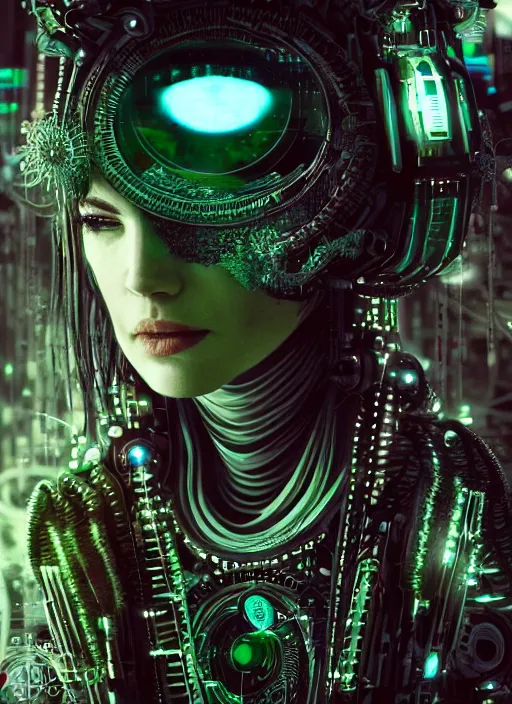 Image similar to 35mm portrait of intricate 7 of 9 borg with eye implant, on the background of a weird magical mechanical forest. Round gears visible inside her hear. Very detailed 8k. Fantasy cyberpunk horror. Sharp. Cinematic post-processing