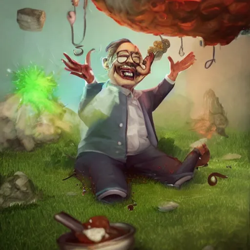 Image similar to a mad scientist in his back yard laughing happily at the food which he is falling from the sky , concept art, trending on artstation 3D.