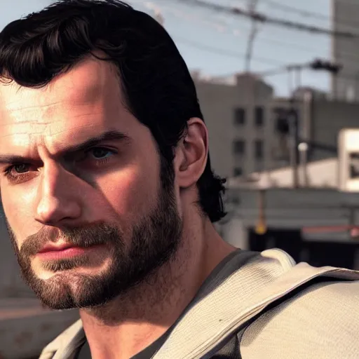 Image similar to henry cavill as a character on a GTA loading screen, au naturel, hyper detailed, digital art, trending in artstation, cinematic lighting, studio quality, smooth render, unreal engine 5 rendered, octane rendered, art style by klimt and nixeu and ian sprigger and wlop and krenz cushart