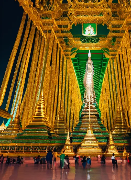 Image similar to emerald buddha temple designed by bjarke ingels, high lights, 4 k, high detailed photography, 5 0 mm lens, depth of field, cinematic