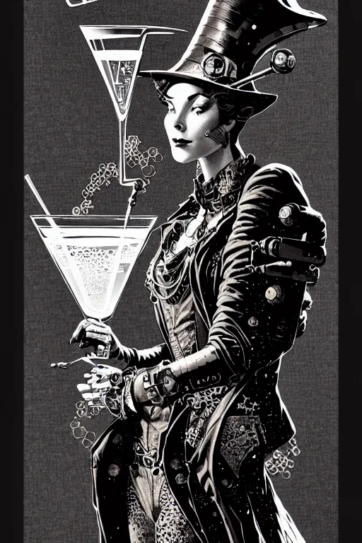 Image similar to side view of a majestic steampunk alchemist wizard holding a martini, high details, bold line art, by vincent di fate and joe fenton, inking, etching, screen print, masterpiece, trending on artstation, sharp, high contrast, hyper - detailed,, hd, 4 k, 8 k