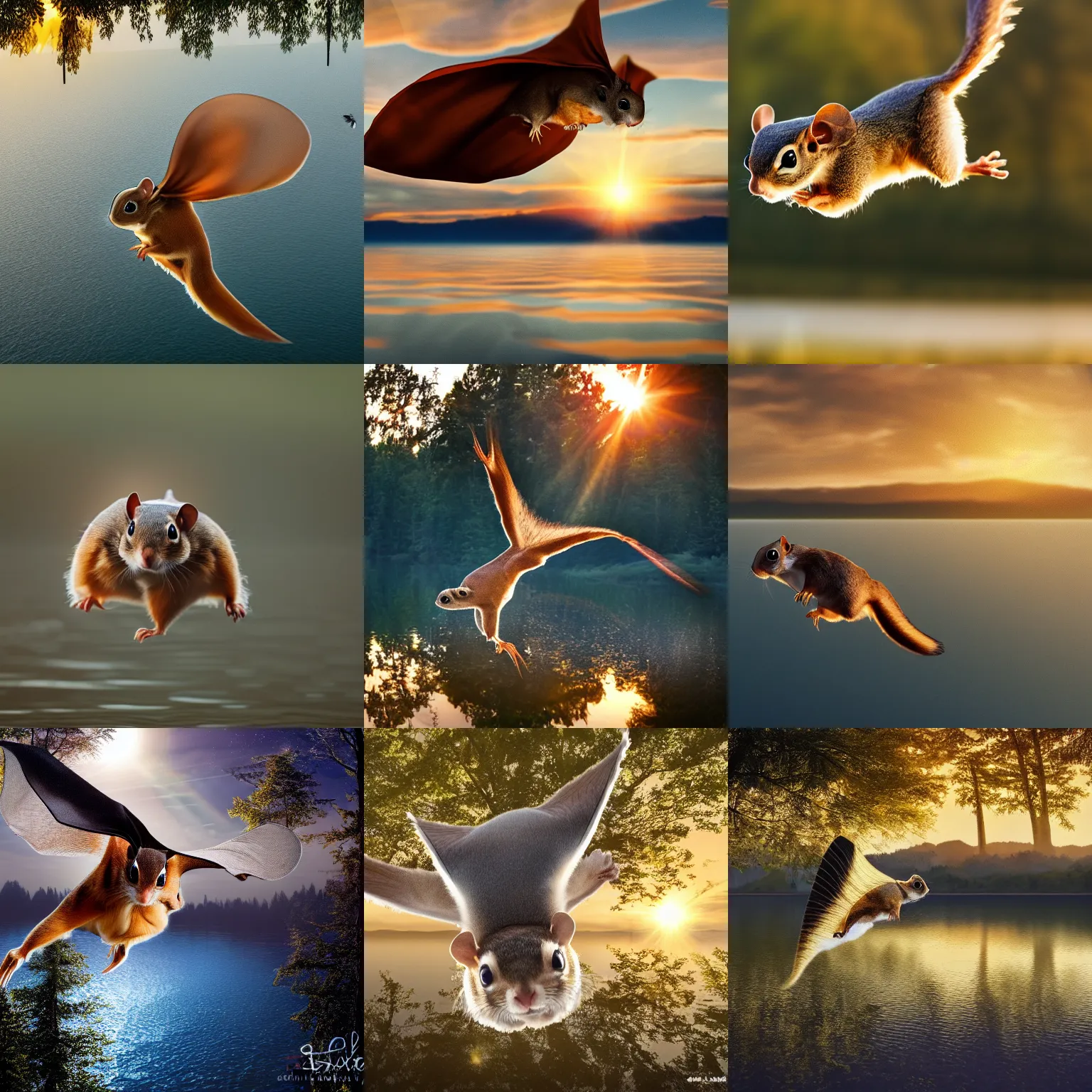 Prompt: a high quality photo of a flying squirrel with cloak, gliding,soaring over a lake in forest, golden hour, render, ultra photorealistic, epic lighting, cgsociety