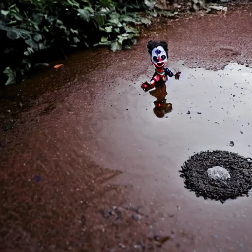 Image similar to A creepy clown emerging froma puddle of water, dramatic