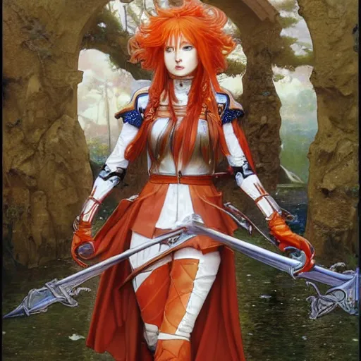 Prompt: Asuna Yuuki, young woman with orange hair wearing a partial paladin armor with a red skirt and white top, face, fantasy, intricate, elegant, highly detailed drawn by Donato Giancola and Tom Bagshaw, face by Artgerm and Edmund Leighton, Alphonse Mucha, background by James Jean and Gustav Klimt, 4k, porcelain skin, komorebi, french nouveau, trending on pixiv, octane render, hyperrealistic