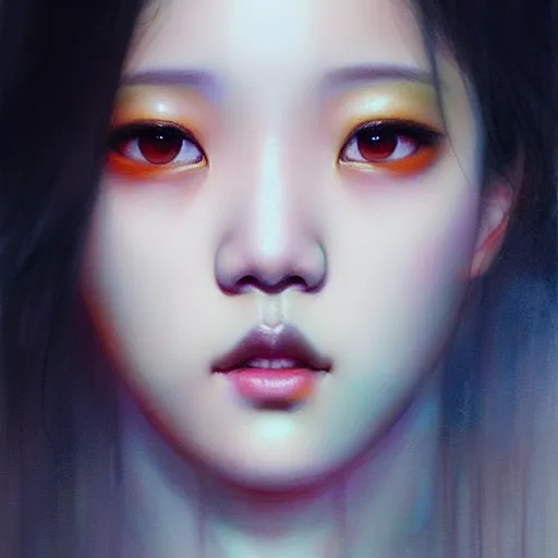 Image similar to jisoo of blackpink, hyperrealistic portrait, bladerunner street, by karol bak and agnes cecile, fantasy art, photo realistic, dynamic lighting, artstation, poster, volumetric lighting, very detailed face, 8 k, award winning