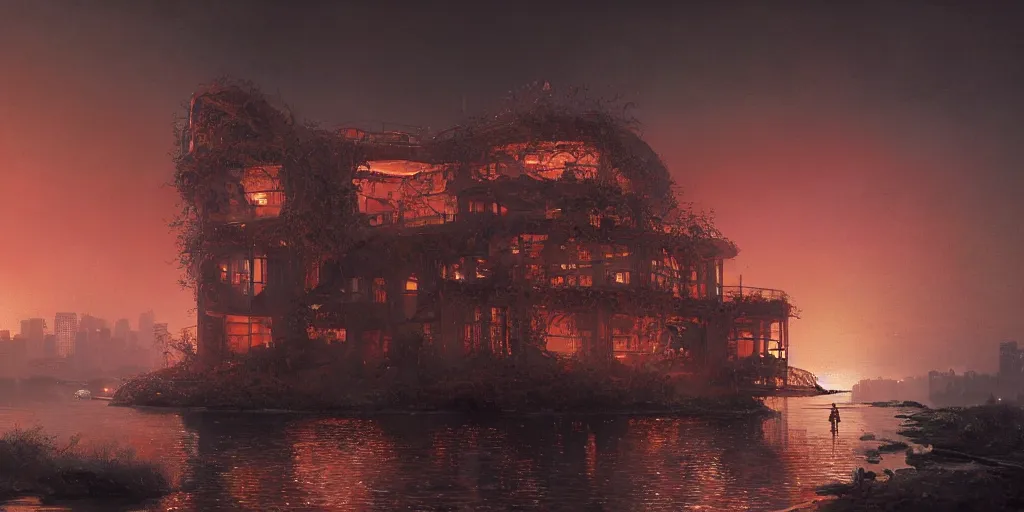 Prompt: An epic architectural rendering of a blob shaped trypophobia house with a mysterious red glow emitting from inside in a modern cityscape next to a river, by Greg Rutkowski and Martin Johnson Heade, tunning, gorgeous, golden ratio, photorealistic, featured on artstation, 4k resolution