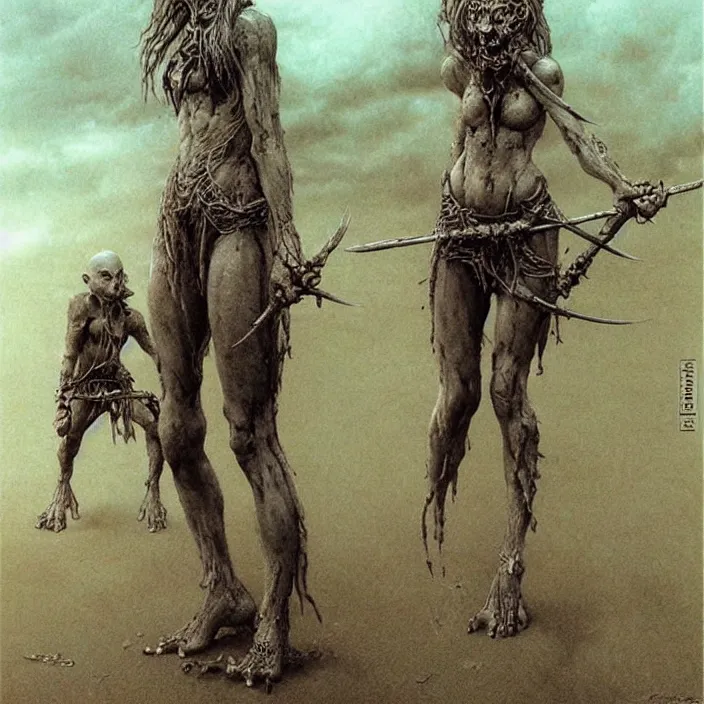 Image similar to bald barbarian girl figts goblins by Beksinski and Luis Royo