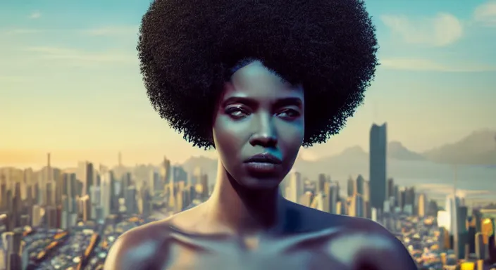 Prompt: portrait of beautiful cyberpunk black woman with afro hair, rio de janeiro pao de acucar corcovado ipanema on the background, digital art trending on artstation, wlop beeple, sci - fi, soft lighting, bokeh