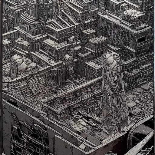 Prompt: an ancient destroyed futuristic city by Moebius, intricately detailed